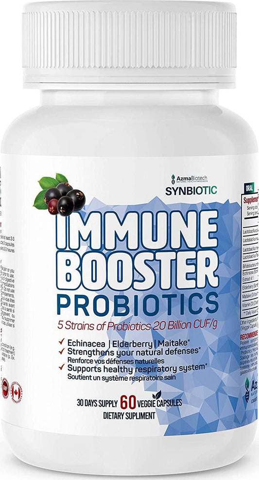 AzmaBiotech Immune Booster Synbiotics | Echinacea, Elderberry, and Maitake + 5 Strains Probiotics 20 Billion CFU/g | 60 Veggie Capsules