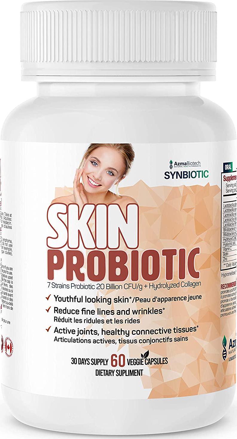 AzmaBiotech Skin Probiotics Synbiotic | 7 Strains Probiotics 20 Billion CFU/g + Hydrolyzed Collagen 600 mg + Biotin, Zinc, and Vitamin C | 60 Veggie Capsules
