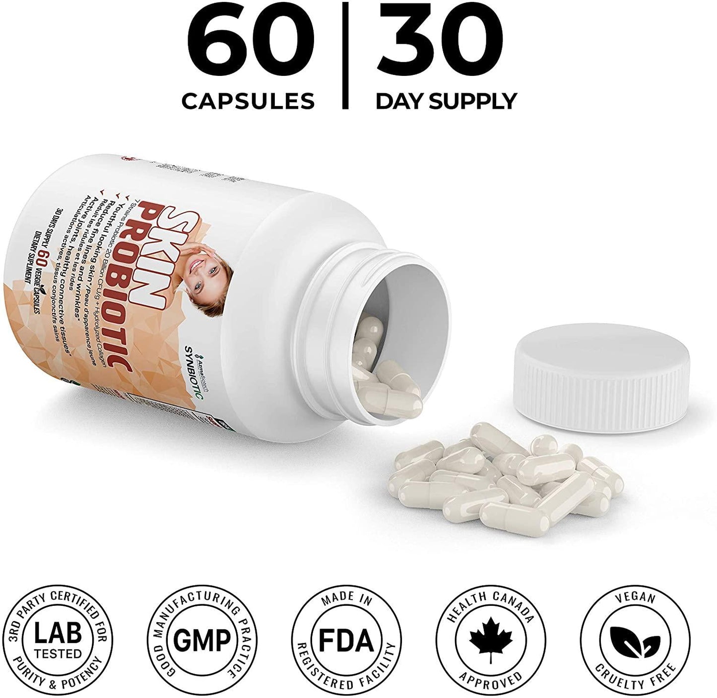 AzmaBiotech Skin Probiotics Synbiotic | 7 Strains Probiotics 20 Billion CFU/g + Hydrolyzed Collagen 600 mg + Biotin, Zinc, and Vitamin C | 60 Veggie Capsules