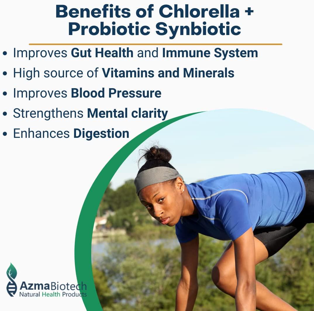 AzmaBiotech Synbiotic | Chlorella 500 mg + Probiotic 10 Billion | 60 Vegan Capsules | Broken Cell Wall Natural | Source of Vitamins and Minerals | Including All The Essential Amino Acids and Vitamins