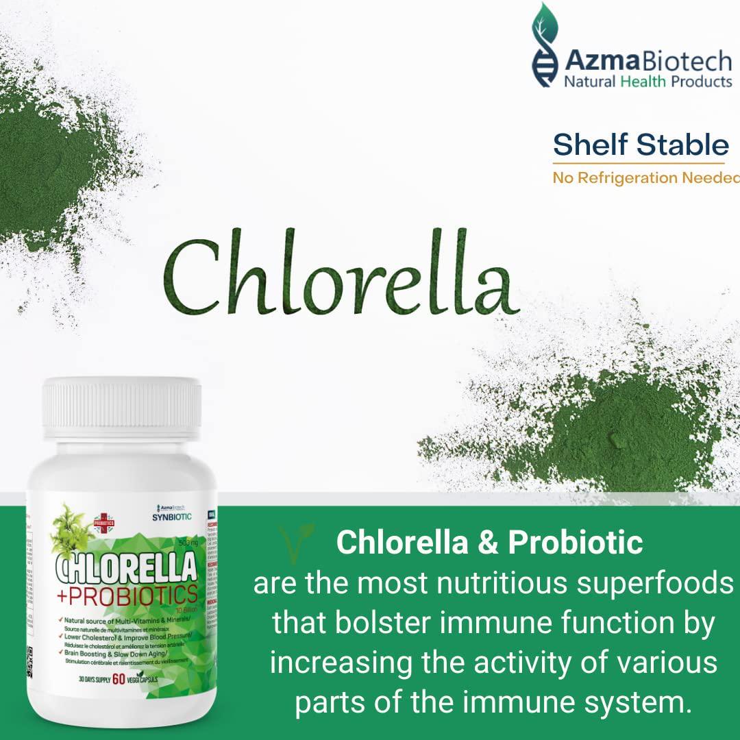 AzmaBiotech Synbiotic | Chlorella 500 mg + Probiotic 10 Billion | 60 Vegan Capsules | Broken Cell Wall Natural | Source of Vitamins and Minerals | Including All The Essential Amino Acids and Vitamins
