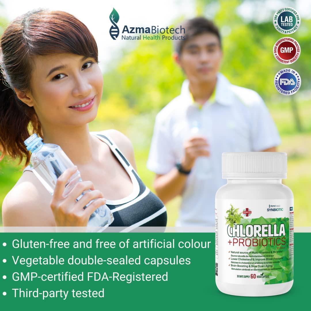 AzmaBiotech Synbiotic | Chlorella 500 mg + Probiotic 10 Billion | 60 Vegan Capsules | Broken Cell Wall Natural | Source of Vitamins and Minerals | Including All The Essential Amino Acids and Vitamins