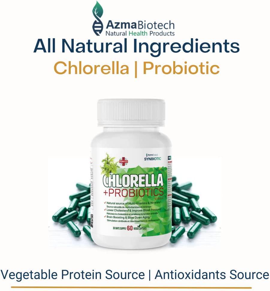 AzmaBiotech Synbiotic | Chlorella 500 mg + Probiotic 10 Billion | 60 Vegan Capsules | Broken Cell Wall Natural | Source of Vitamins and Minerals | Including All The Essential Amino Acids and Vitamins
