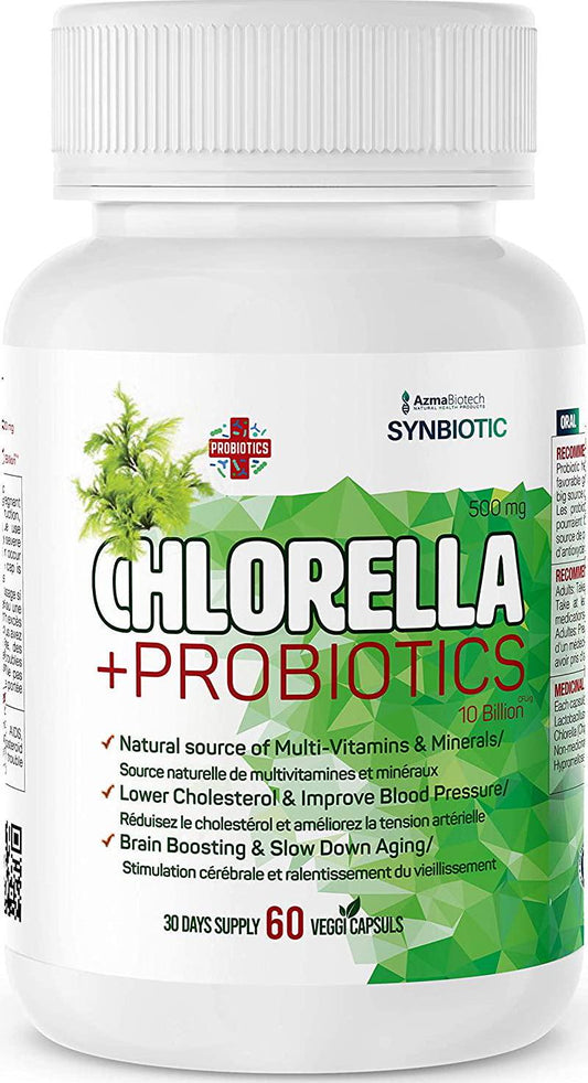 AzmaBiotech Synbiotic | Chlorella 500 mg + Probiotic 10 Billion | 60 Vegan Capsules | Broken Cell Wall Natural | Source of Vitamins and Minerals | Including All The Essential Amino Acids and Vitamins