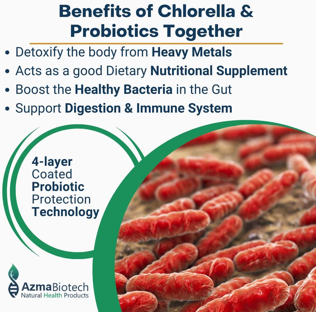 AzmaBiotech Synbiotic | Chlorella 500 mg + Probiotic 10 Billion | 60 Vegan Capsules | Broken Cell Wall Natural | Source of Vitamins and Minerals | Including All The Essential Amino Acids and Vitamins