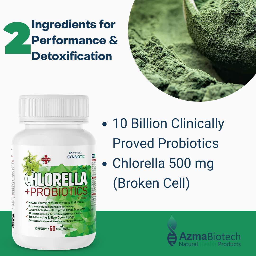 AzmaBiotech Synbiotic | Chlorella 500 mg + Probiotic 10 Billion | 60 Vegan Capsules | Broken Cell Wall Natural | Source of Vitamins and Minerals | Including All The Essential Amino Acids and Vitamins