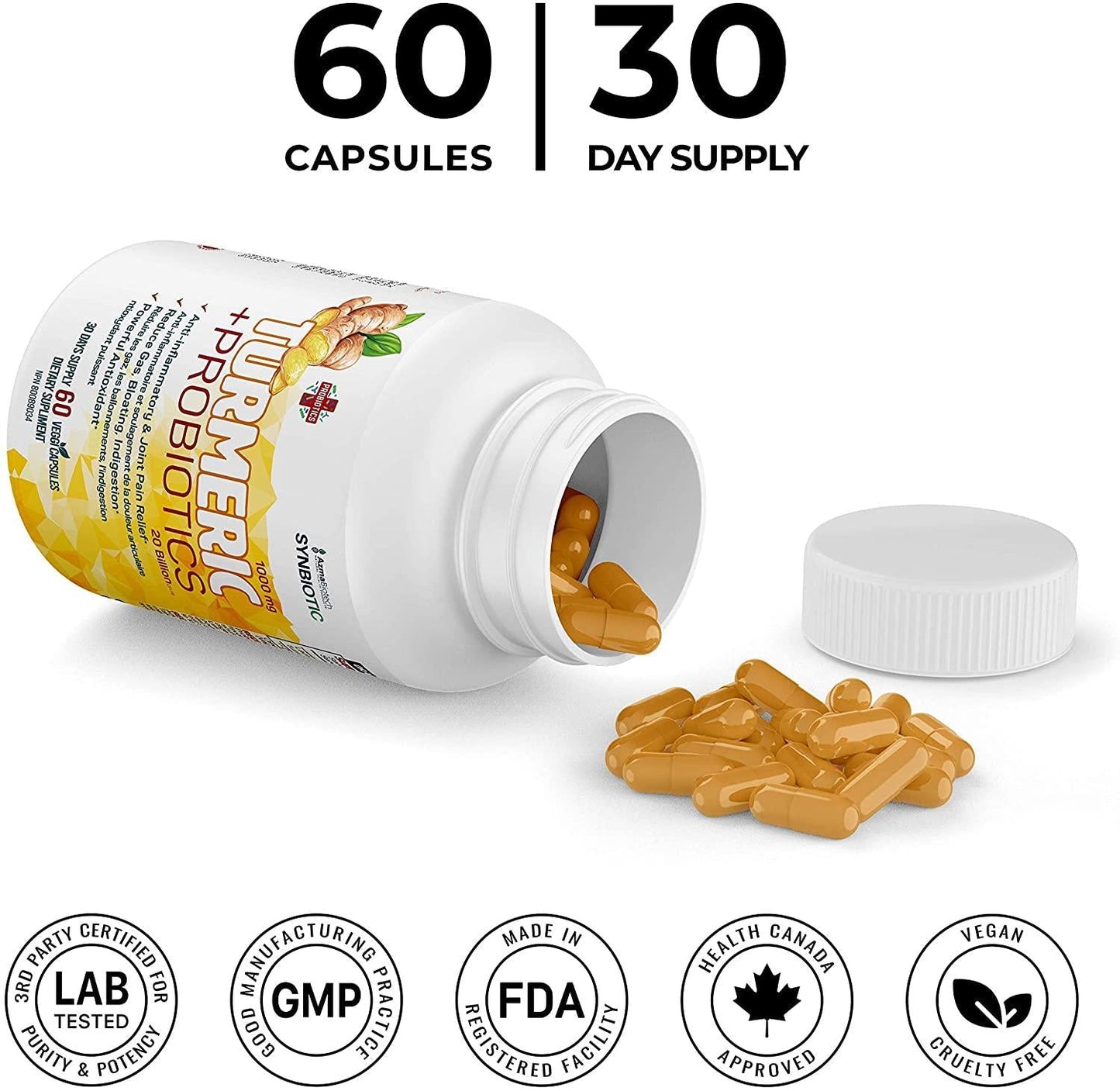 AzmaBiotech Synbiotic | Turmeric 500 mg + Probiotic 10 Billion | 60 Capsules | Vegan and Non-GMO