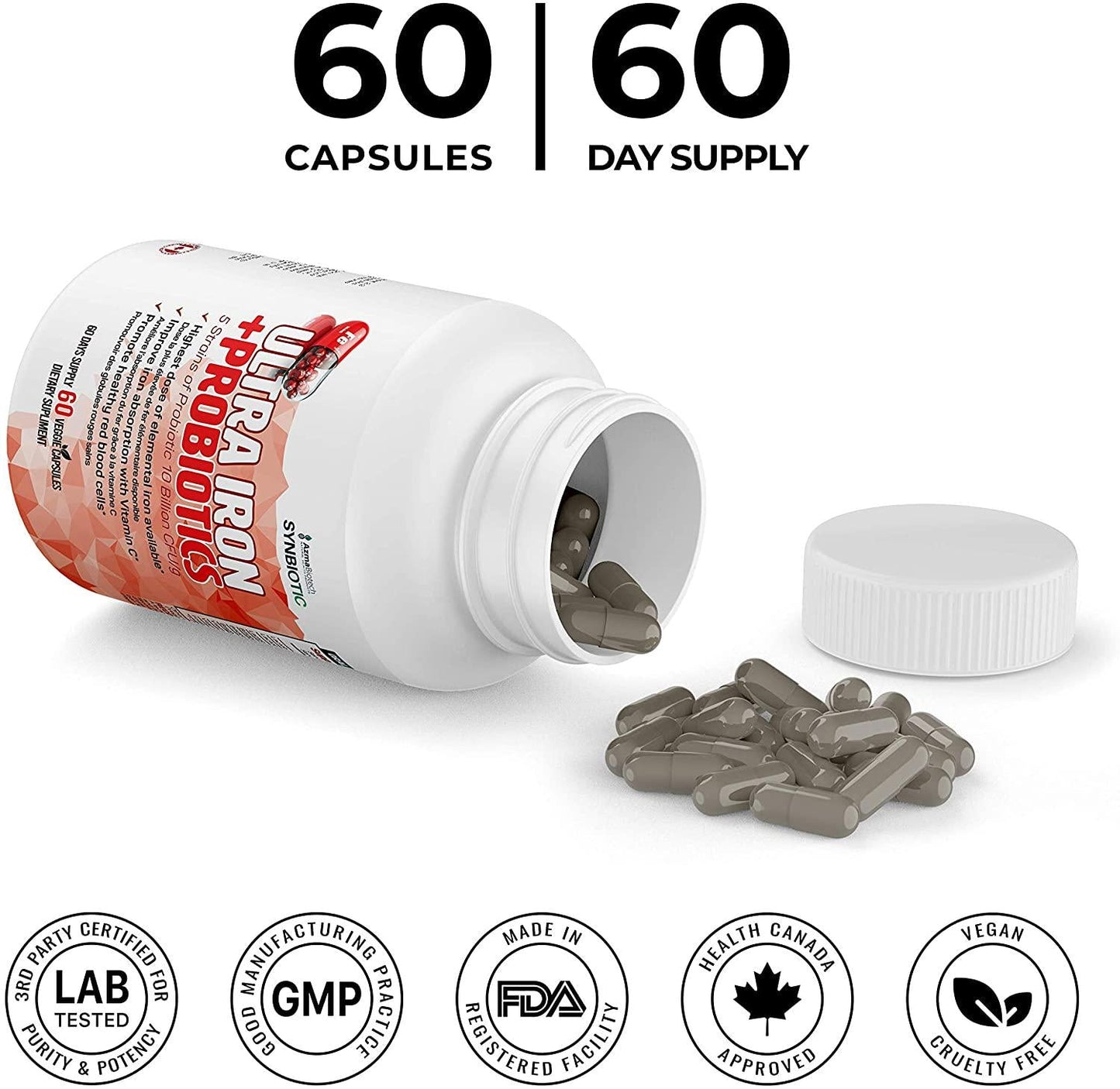 AzmaBiotech Ultra Iron | Bisglycinate Iron 45 mg + 5 Strains Probiotics 10 Billion CFU/g + Vitamins C and B12 | 60 Veggie Capsules