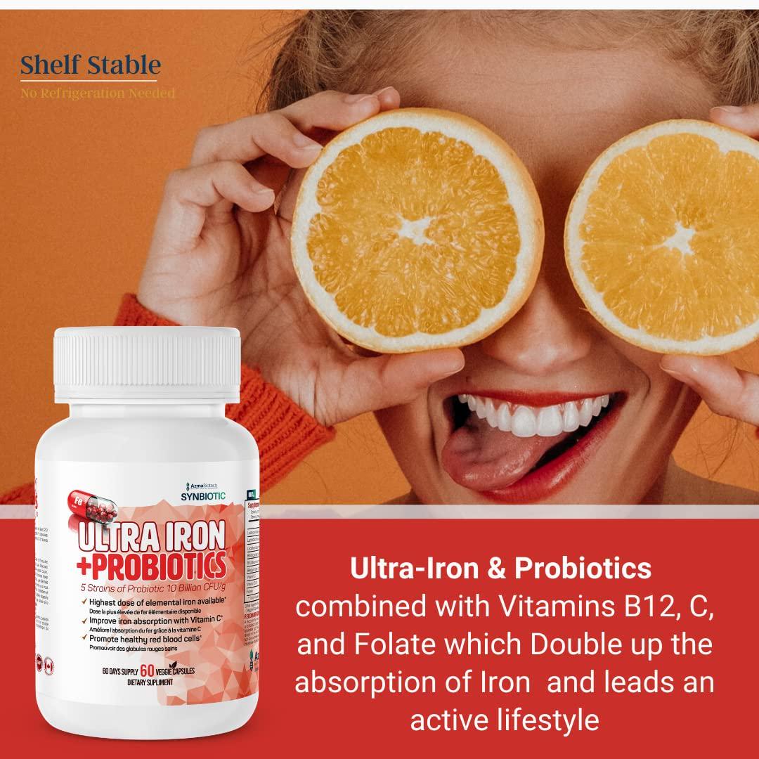 AzmaBiotech Ultra Iron | Bisglycinate Iron 45 mg + 5 Strains Probiotics 10 Billion CFU/g + Vitamins C and B12 | 60 Veggie Capsules