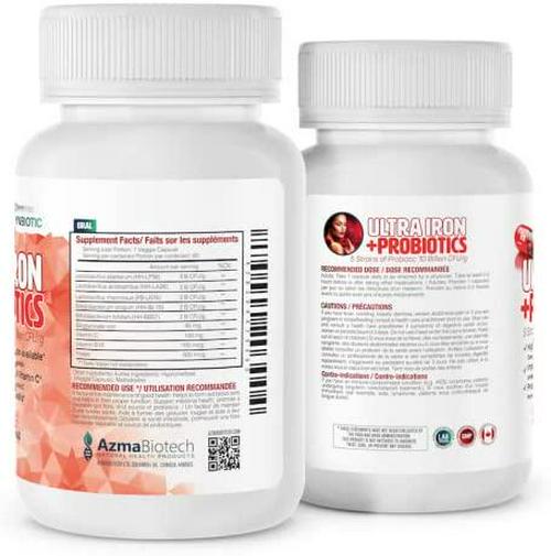 AzmaBiotech Ultra Iron | Bisglycinate Iron 45 mg + 5 Strains Probiotics 10 Billion CFU/g + Vitamins C and B12 | 60 Veggie Capsules