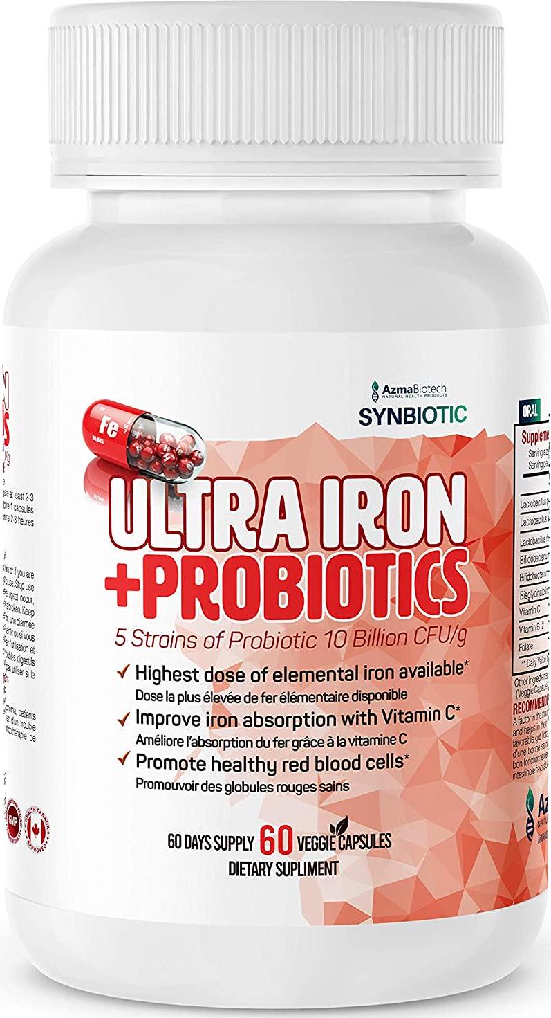 AzmaBiotech Ultra Iron | Bisglycinate Iron 45 mg + 5 Strains Probiotics 10 Billion CFU/g + Vitamins C and B12 | 60 Veggie Capsules