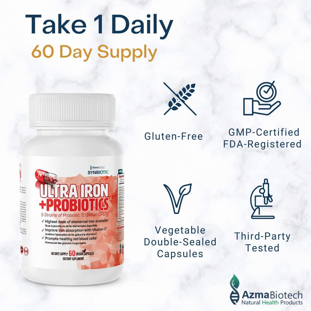 AzmaBiotech Ultra Iron | Bisglycinate Iron 45 mg + 5 Strains Probiotics 10 Billion CFU/g + Vitamins C and B12 | 60 Veggie Capsules
