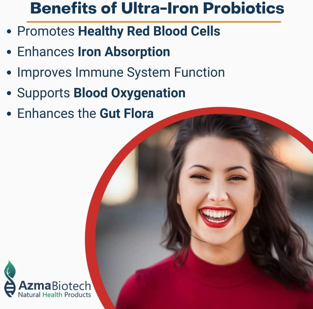 AzmaBiotech Ultra Iron | Bisglycinate Iron 45 mg + 5 Strains Probiotics 10 Billion CFU/g + Vitamins C and B12 | 60 Veggie Capsules