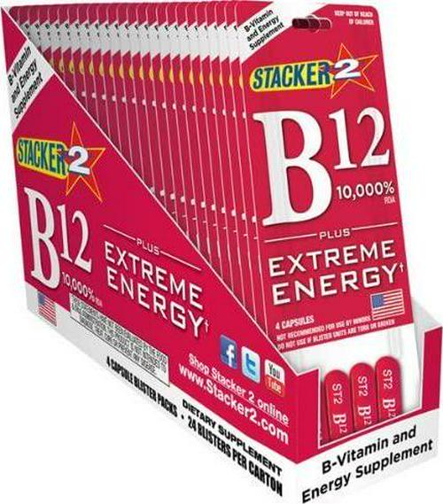 B12 Extreme Energy + Stacker 2 10,000% RDA - (24) Four Count Blister Pks by Stacker