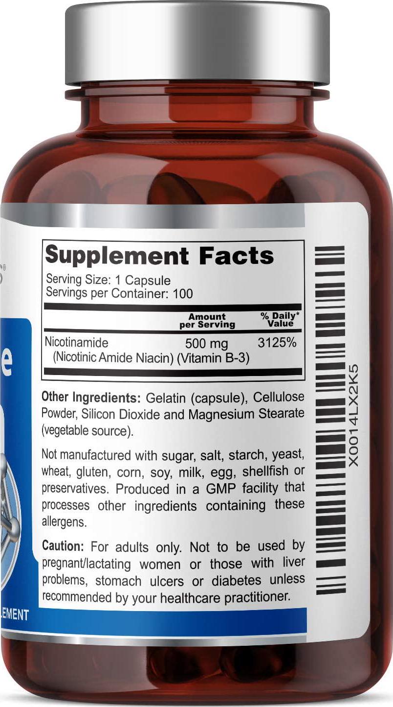 B3 Nicotinamide 500 mg 100 Capsules - Natural Flush-Free Vitamin Formula | Gluten-Free Nicotinic Amide Niacin | Supports Skin Health | Healthy Cell Repair Support