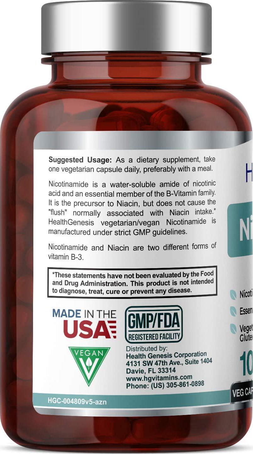 B3 Nicotinamide 500 mg 100 Vegetarian Capsules - Natural Flush-Free Vitamin Vcaps Formula | Gluten-Free Nicotinic Amide Niacin | Supports Skin Health | Healthy Cell Repair Support