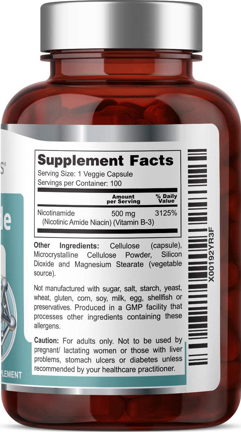B3 Nicotinamide 500 mg 100 Vegetarian Capsules - Natural Flush-Free Vitamin Vcaps Formula | Gluten-Free Nicotinic Amide Niacin | Supports Skin Health | Healthy Cell Repair Support