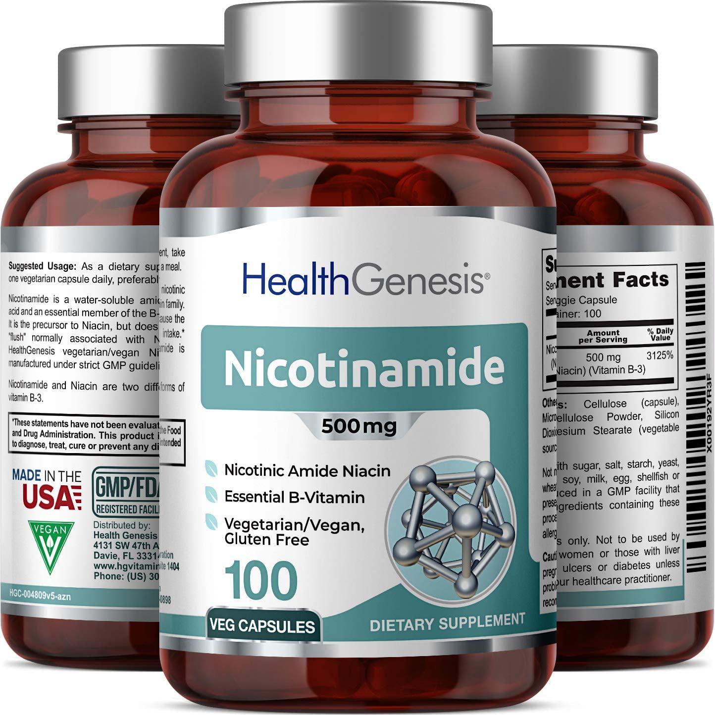 B3 Nicotinamide 500 mg 100 Vegetarian Capsules - Natural Flush-Free Vitamin Vcaps Formula | Gluten-Free Nicotinic Amide Niacin | Supports Skin Health | Healthy Cell Repair Support