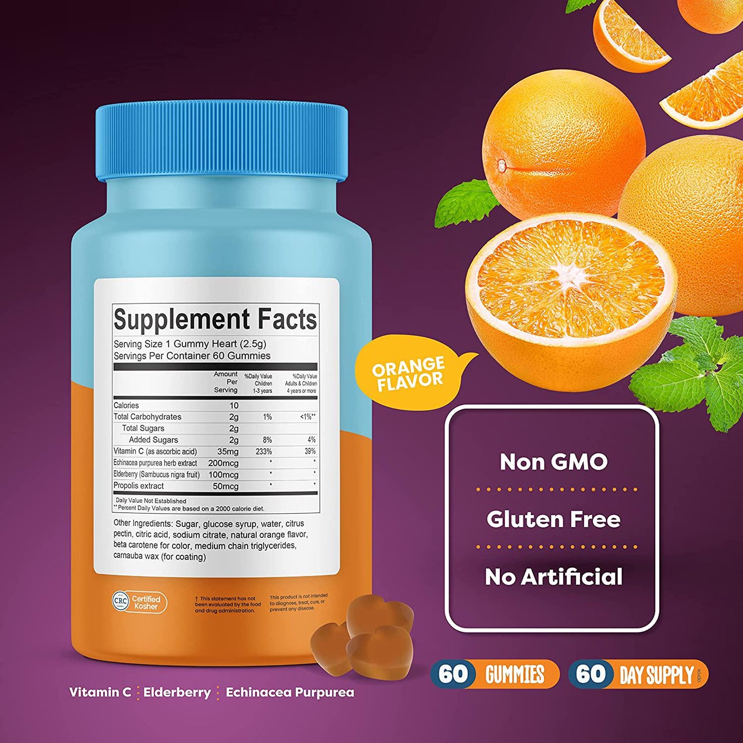 BAKOL Immune Boost Gummies for Kids with Elderberry, Echinacea, and Vitamin C - Immune Booster Kids Vitamins for Ages 3 Years Old and Up - Non-GMO, Gluten Free, Natural Orange Flavor - 60-Count