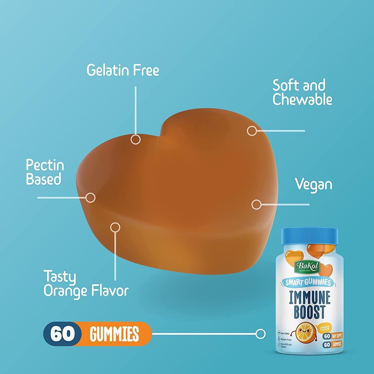 BAKOL Immune Boost Gummies for Kids with Elderberry, Echinacea, and Vitamin C - Immune Booster Kids Vitamins for Ages 3 Years Old and Up - Non-GMO, Gluten Free, Natural Orange Flavor - 60-Count