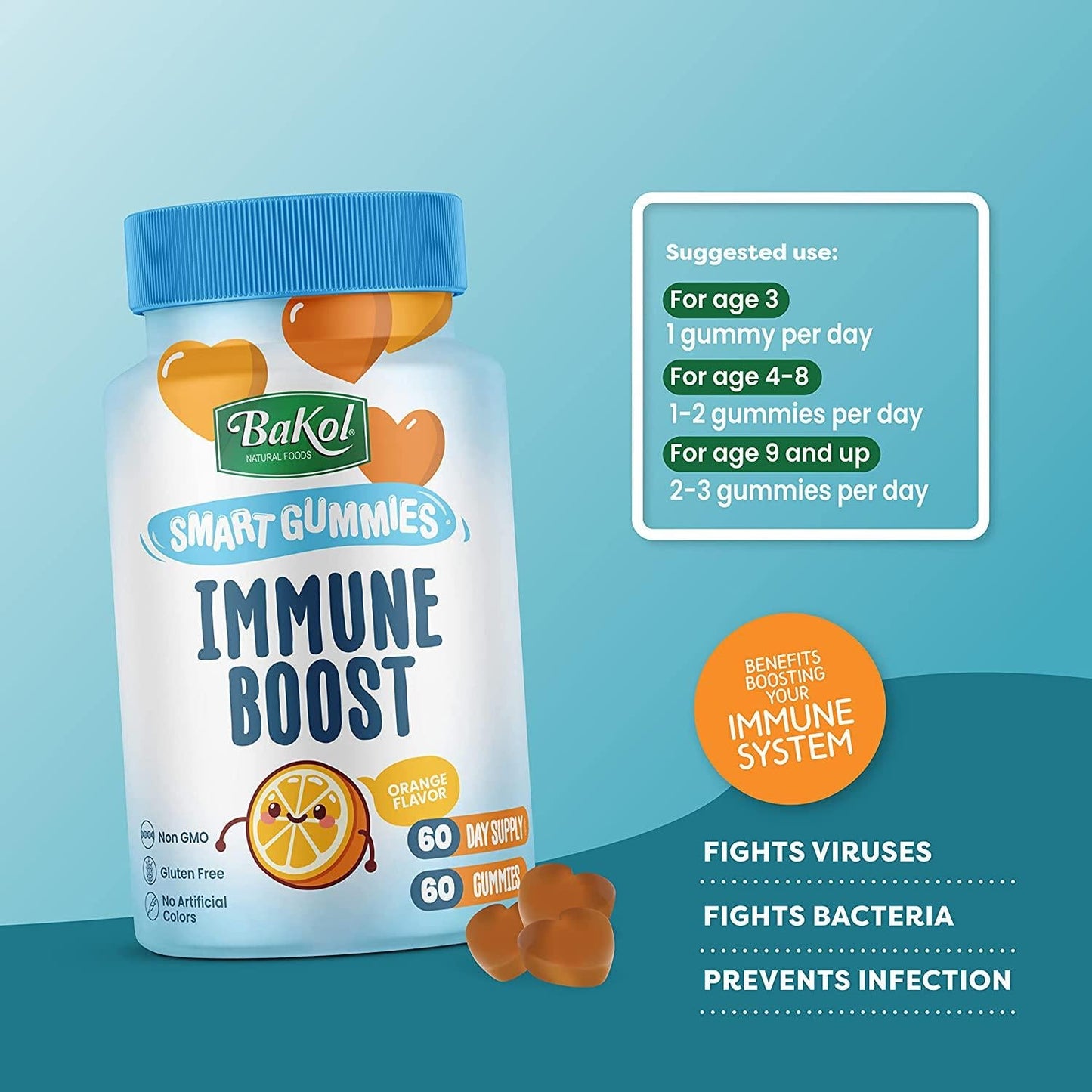 BAKOL Immune Boost Gummies for Kids with Elderberry, Echinacea, and Vitamin C - Immune Booster Kids Vitamins for Ages 3 Years Old and Up - Non-GMO, Gluten Free, Natural Orange Flavor - 60-Count