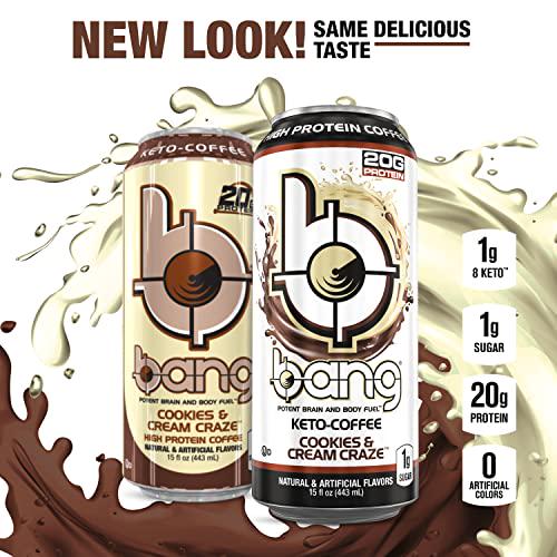 BANG Cookies and Cream Keto Coffee Energy Drink, 20g Protein, Coffee Cookies and Cream 15 Fl Oz (Pack of 12) (Packaging May Vary)