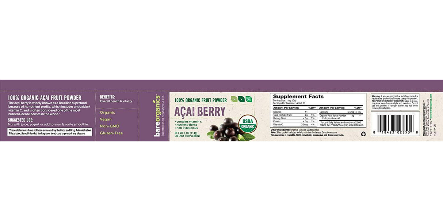 BAREORGANICS Acai Fruit Powder, 4 Ounce