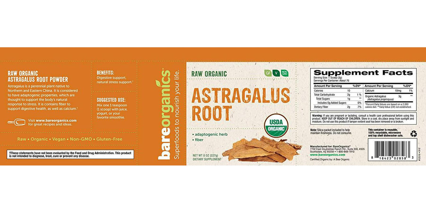 BAREORGANICS Astragalus Root Powder, 8 Ounce