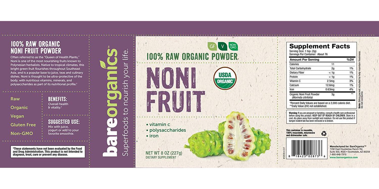 BAREORGANICS Noni Fruit Powder, 8 Ounce