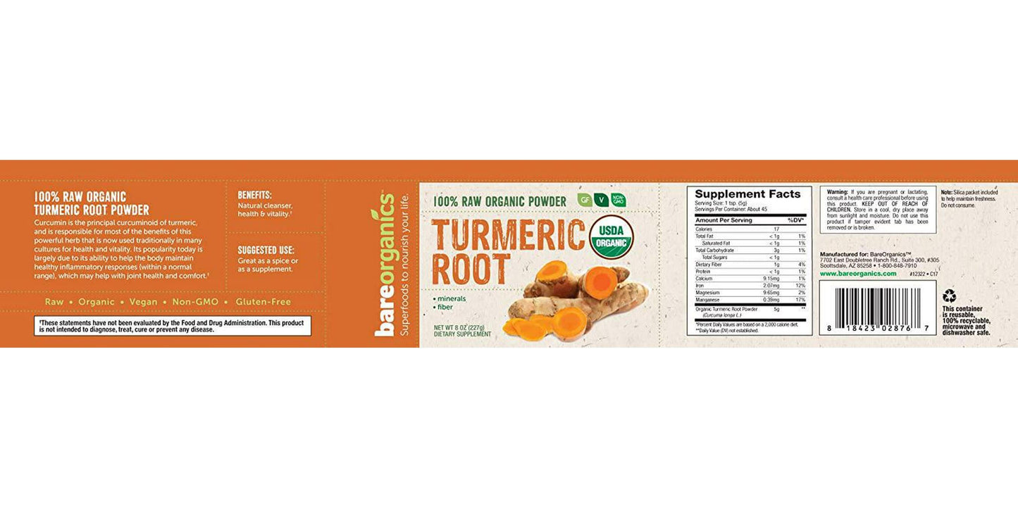 BAREORGANICS Turmeric Root Powder, 8 Ounce