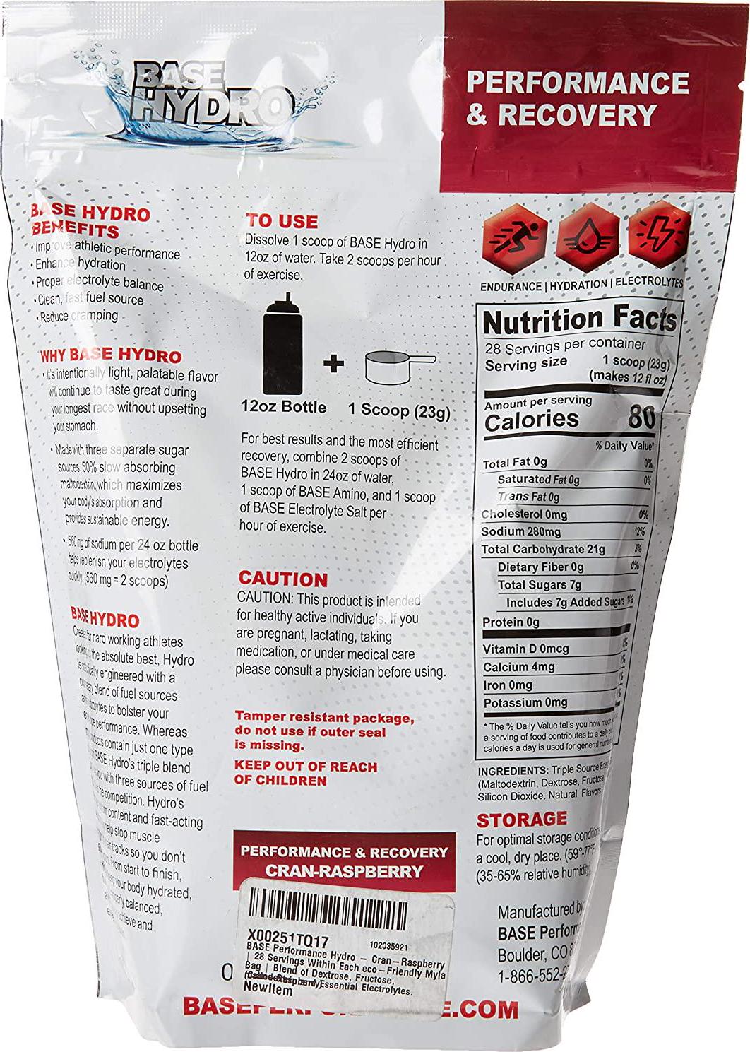 BASE Performance Hydro - Cran-Raspberry | 28 Servings Within Each eco-Friendly Mylar Bag | Blend of Dextrose, Fructose, maltodextrin and Essential Electrolytes. (Cran-Raspberry)