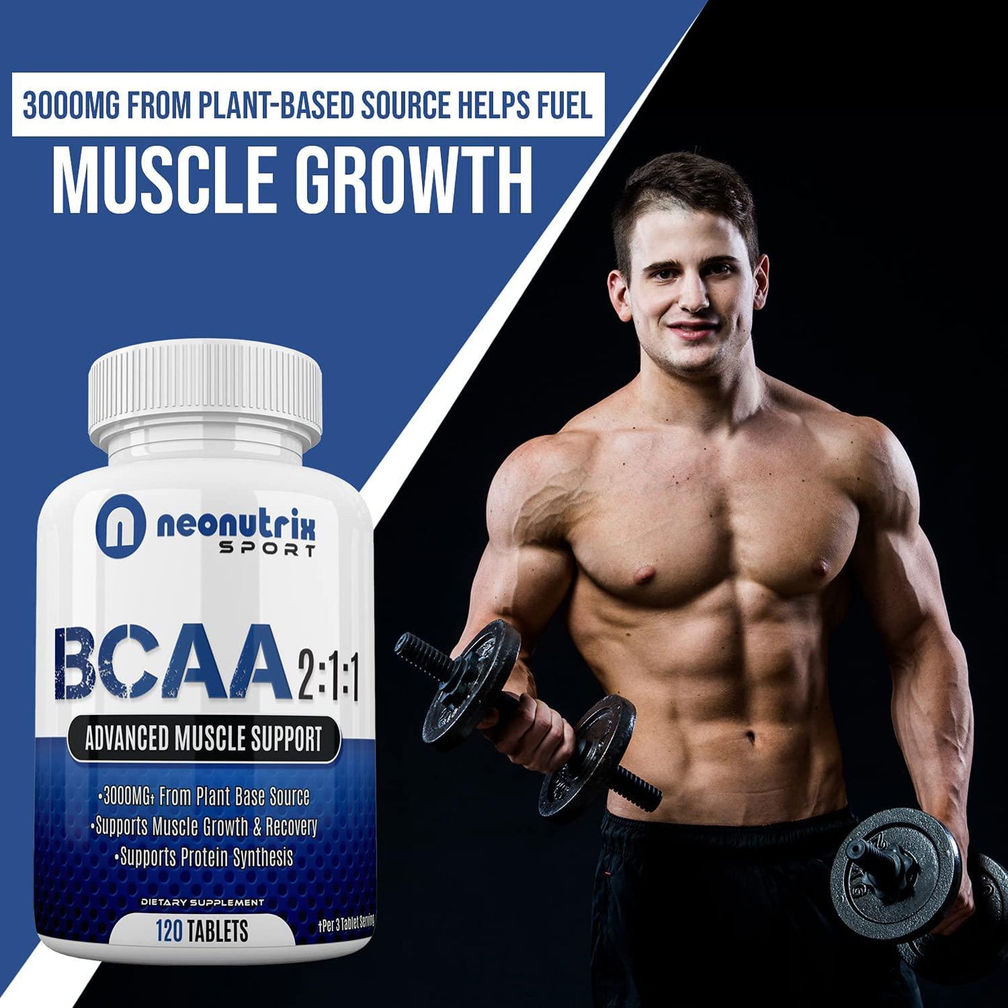 BCAA 2:1:1 Branched Chain Amino Acids Capsules for Muscle Recovery, Energy and Endurance – Vegan Pre and Post Workout Supplement with L-Leucine, L-Isoleucine and L-Valine 120 Tablets by Neonutrix Sports