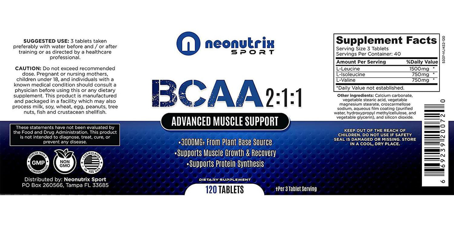 BCAA 2:1:1 Branched Chain Amino Acids Capsules for Muscle Recovery, Energy and Endurance – Vegan Pre and Post Workout Supplement with L-Leucine, L-Isoleucine and L-Valine 120 Tablets by Neonutrix Sports