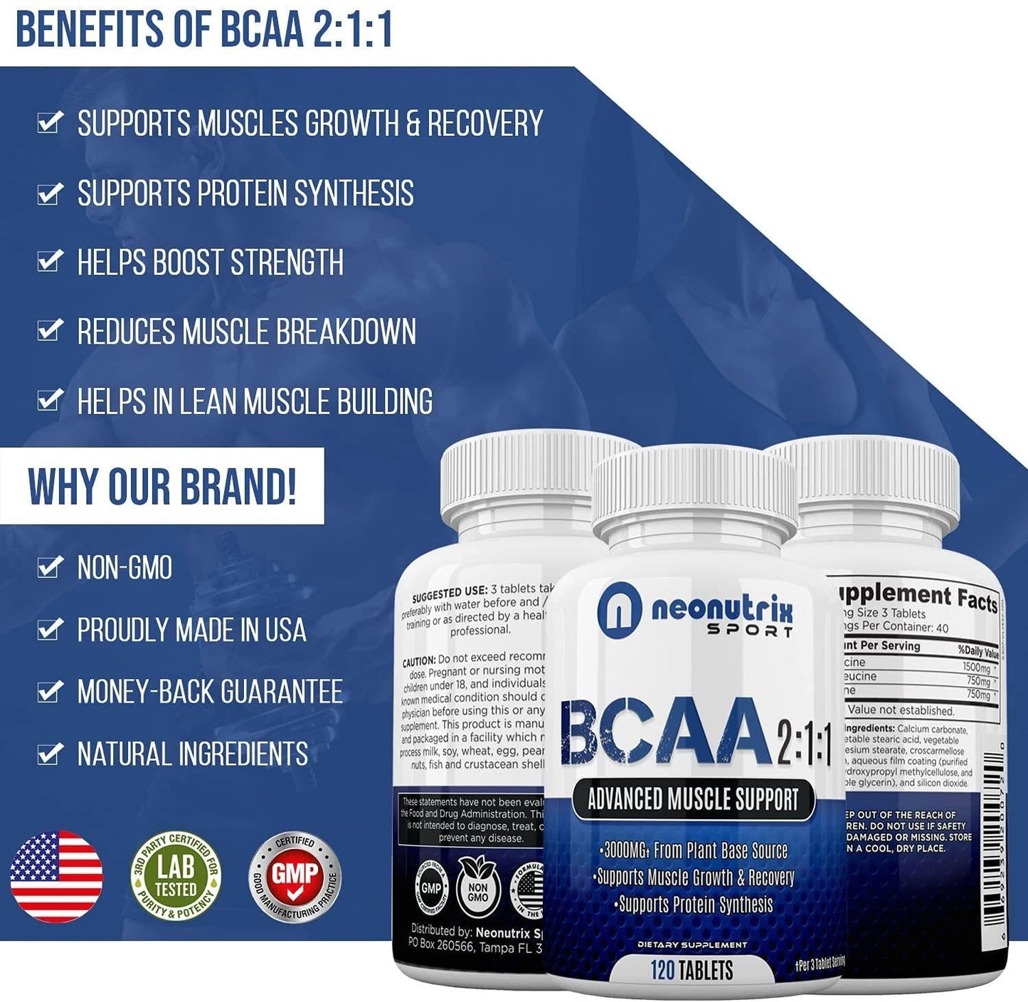 BCAA 2:1:1 Branched Chain Amino Acids Capsules for Muscle Recovery, Energy and Endurance – Vegan Pre and Post Workout Supplement with L-Leucine, L-Isoleucine and L-Valine 120 Tablets by Neonutrix Sports