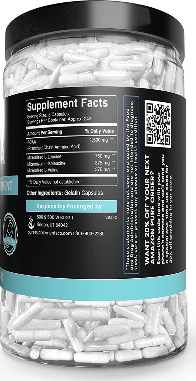 BCAA (730 Capsules) 2:1:1 Ratio, Naturally Sourced, Filler-Free, Paleo and Keto Friendly, Made in USA (1500 mg Serving)