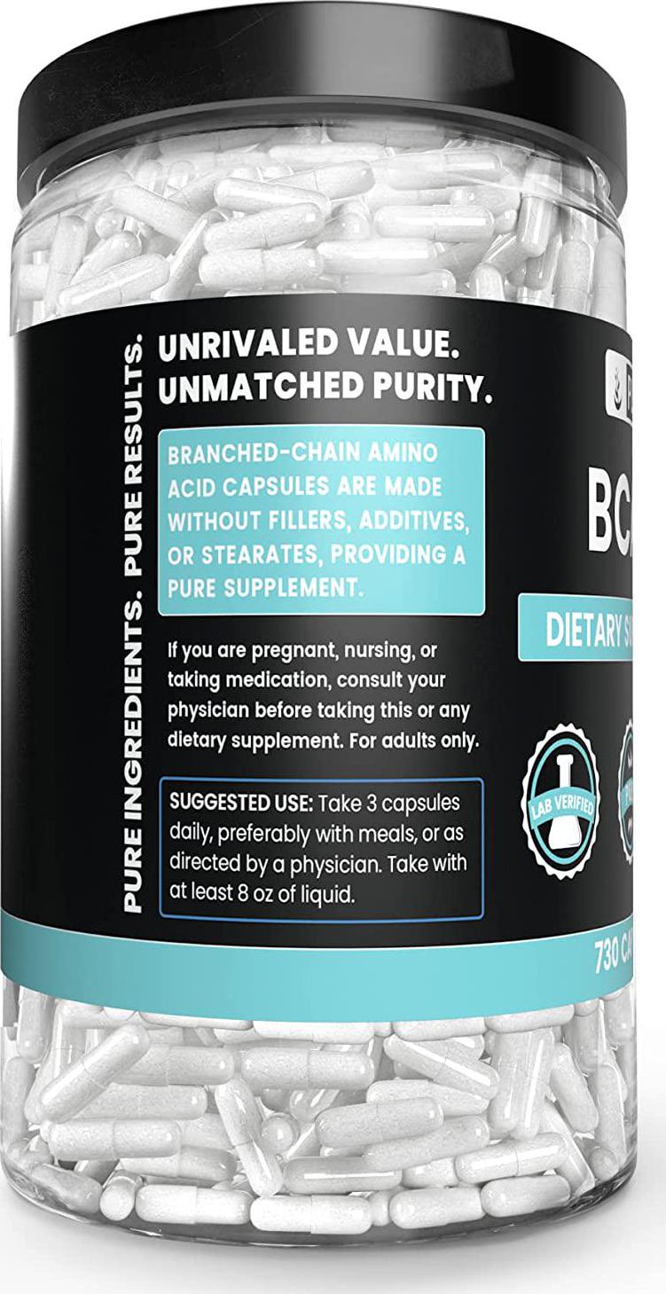 BCAA (730 Capsules) 2:1:1 Ratio, Naturally Sourced, Filler-Free, Paleo and Keto Friendly, Made in USA (1500 mg Serving)