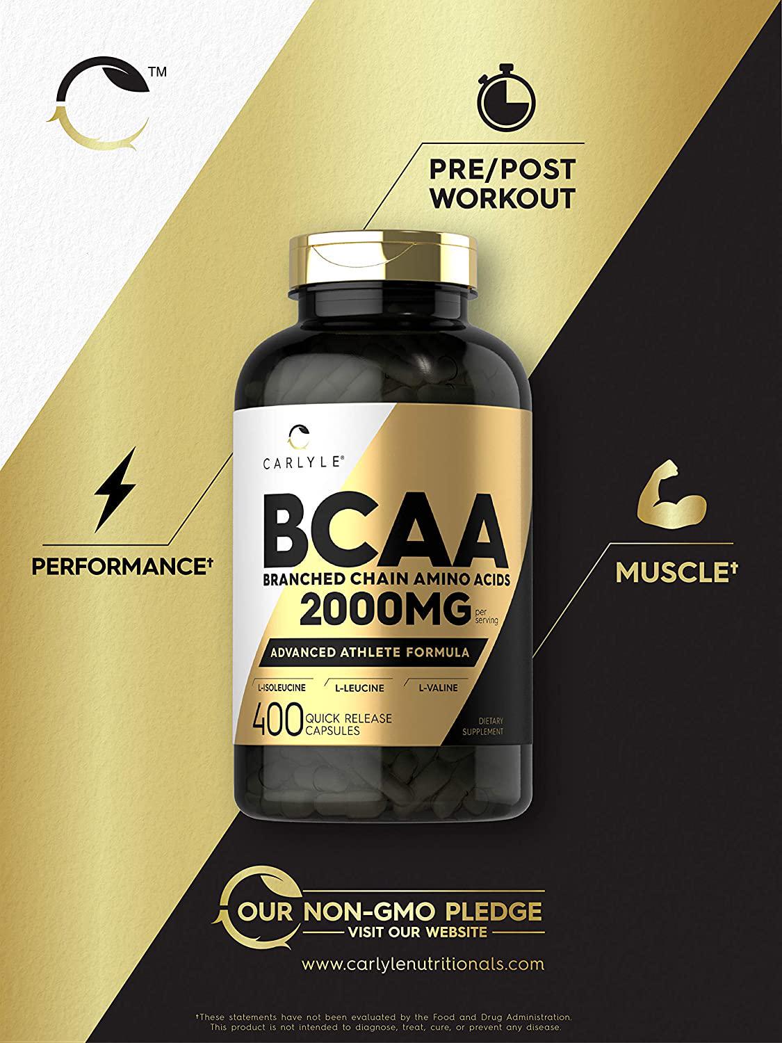 BCAA Amino Acids | 2000mg | 400 BCAA Capsules | Non-GMO, Gluten Free Branch Chain Amino Acids Supplements | by Carlyle