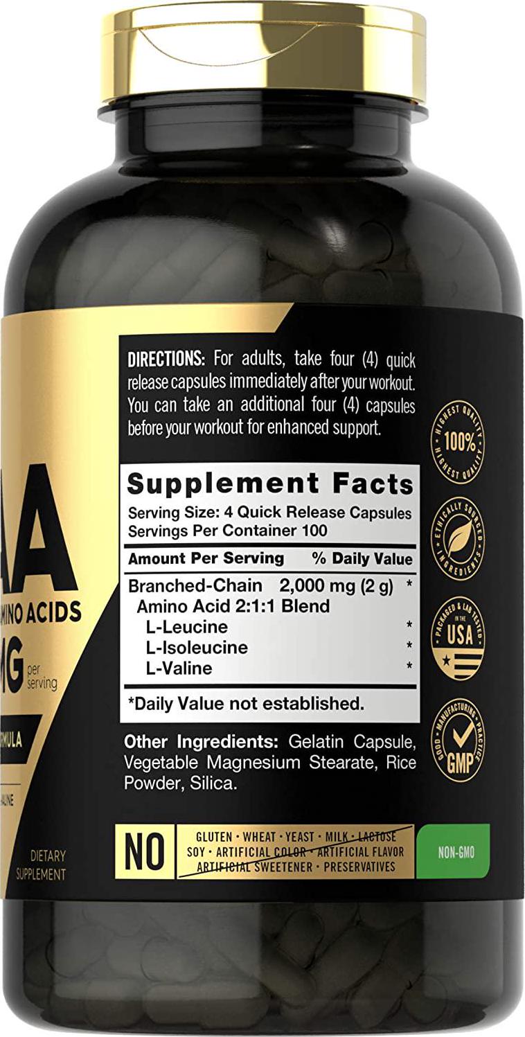 BCAA Amino Acids | 2000mg | 400 BCAA Capsules | Non-GMO, Gluten Free Branch Chain Amino Acids Supplements | by Carlyle