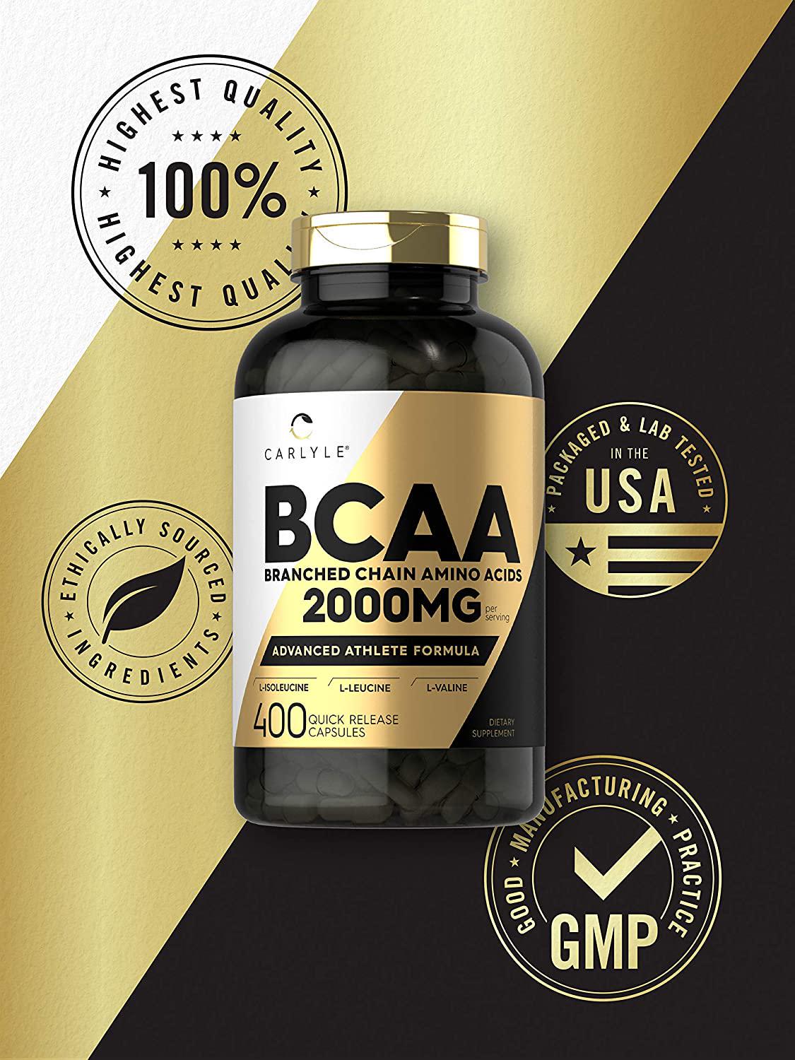 BCAA Amino Acids | 2000mg | 400 BCAA Capsules | Non-GMO, Gluten Free Branch Chain Amino Acids Supplements | by Carlyle