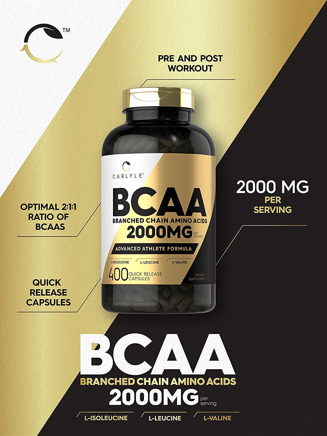 BCAA Amino Acids | 2000mg | 400 BCAA Capsules | Non-GMO, Gluten Free Branch Chain Amino Acids Supplements | by Carlyle