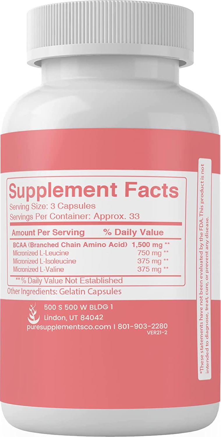 BCAA Capsules by Pure Organic Ingredients, Easy On-The-Go Packaging, Boost Pre-Workout Intensity and Muscle Growth, Non-GMO, Gluten-Free (1500 mg)