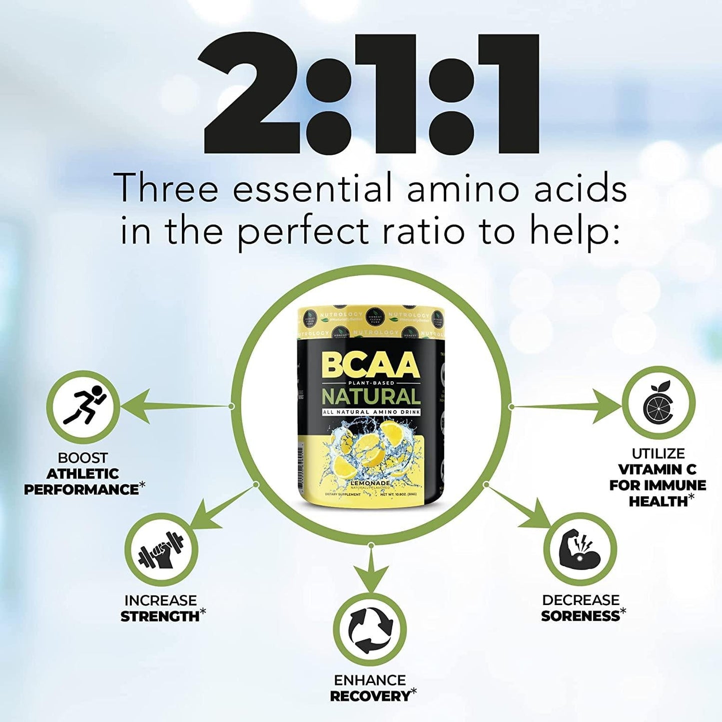 BCAA Natural-Non-GMO-Plant-Sourced Amino Acid Drink- Improve Performance -Enhance Recovery-Boost Immune Health-BCAA Drink Mix -Lemonade Flavor- 30 Serve