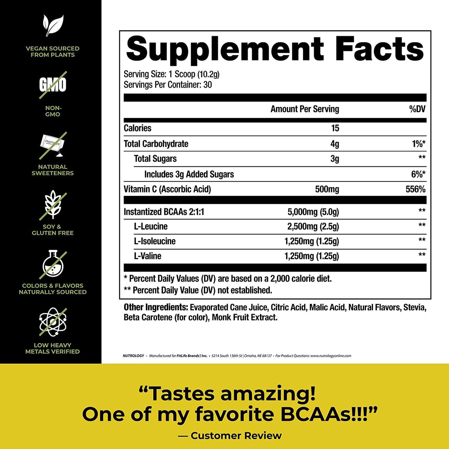 BCAA Natural-Non-GMO-Plant-Sourced Amino Acid Drink- Improve Performance -Enhance Recovery-Boost Immune Health-BCAA Drink Mix -Lemonade Flavor- 30 Serve