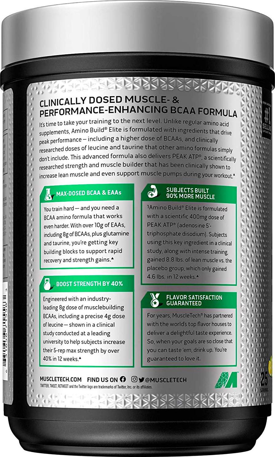 BCAAs Amino Acids Supplement, MuscleTech Amino Build Elite BCAA Powder, Intra Workout Essential Amino Acids EAA Powder, Strength and Pump Supplement, Electric Limeade (25 Servings)