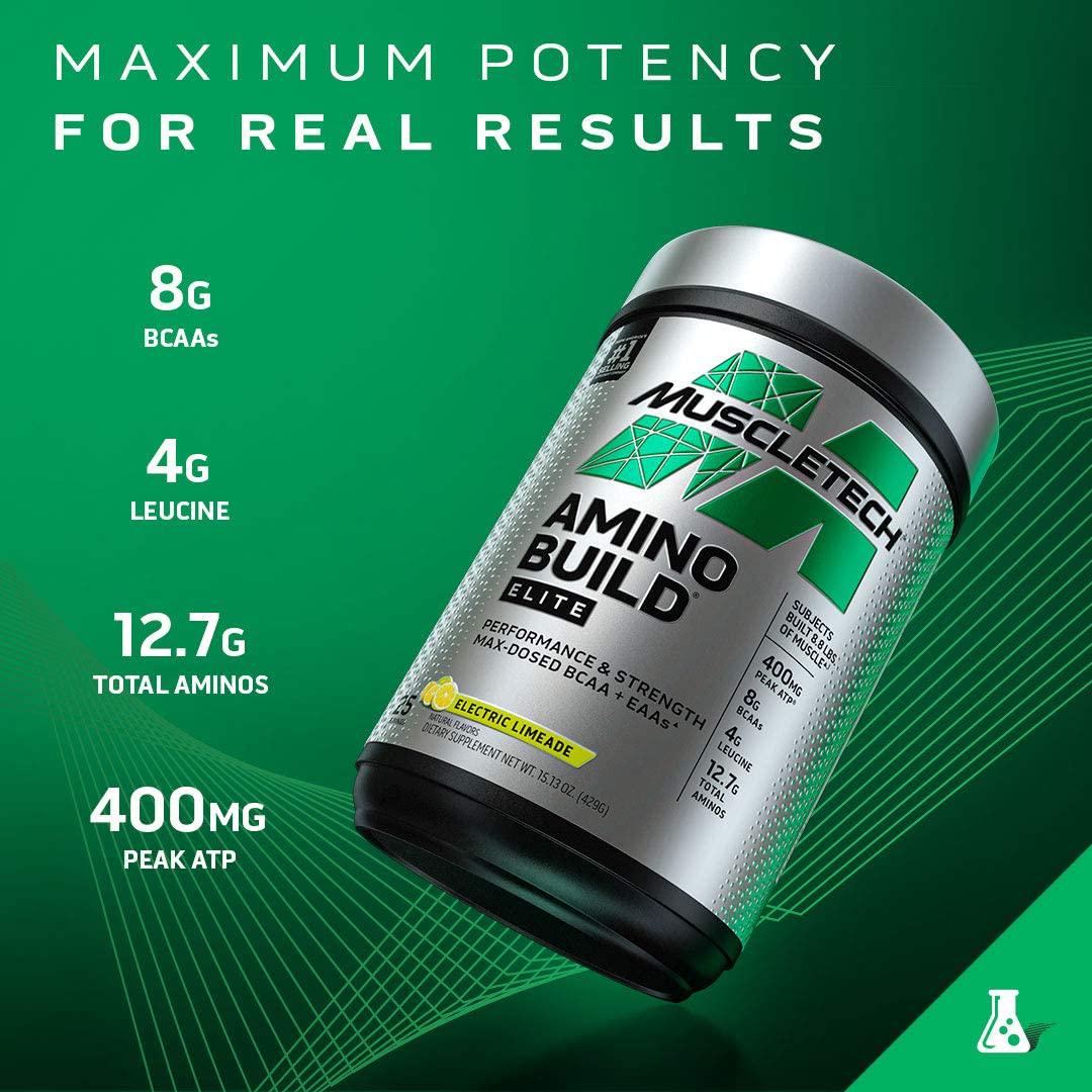 BCAAs Amino Acids Supplement, MuscleTech Amino Build Elite BCAA Powder, Intra Workout Essential Amino Acids EAA Powder, Strength and Pump Supplement, Electric Limeade (25 Servings)