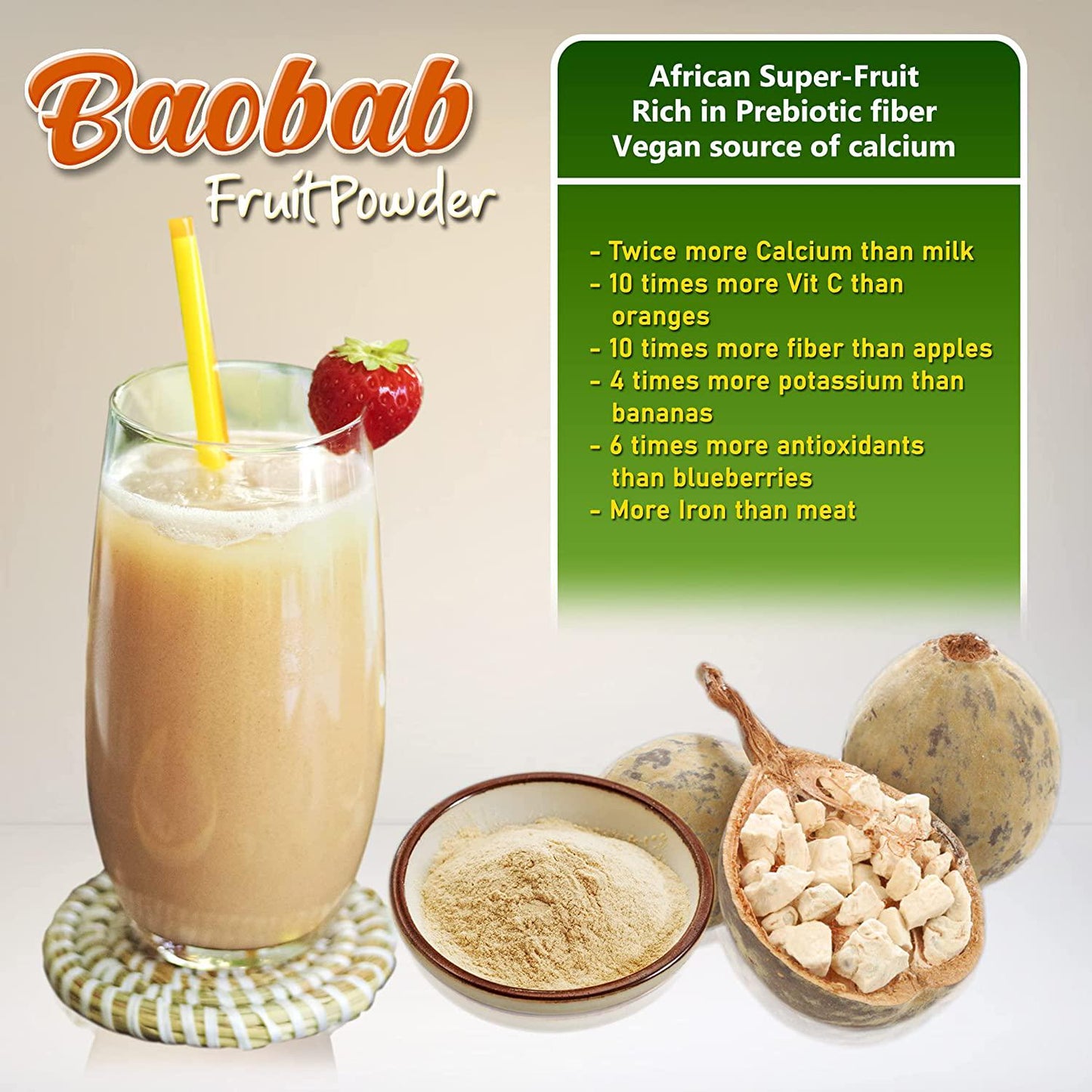 BCWholeFoods Baobab Fruit Powder 12 oz - USDA Approved ORGANIC, KOSHER, Natural Baobab Powder for Tea, Smoothies, Face Mask | Rich in Prebiotic Fiber, Vitamin C, Calcium | Grocery and Gourmet Foods