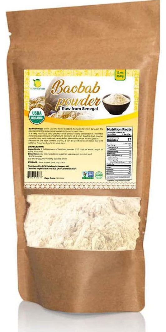 BCWholeFoods Baobab Fruit Powder 12 oz - USDA Approved ORGANIC, KOSHER, Natural Baobab Powder for Tea, Smoothies, Face Mask | Rich in Prebiotic Fiber, Vitamin C, Calcium | Grocery and Gourmet Foods