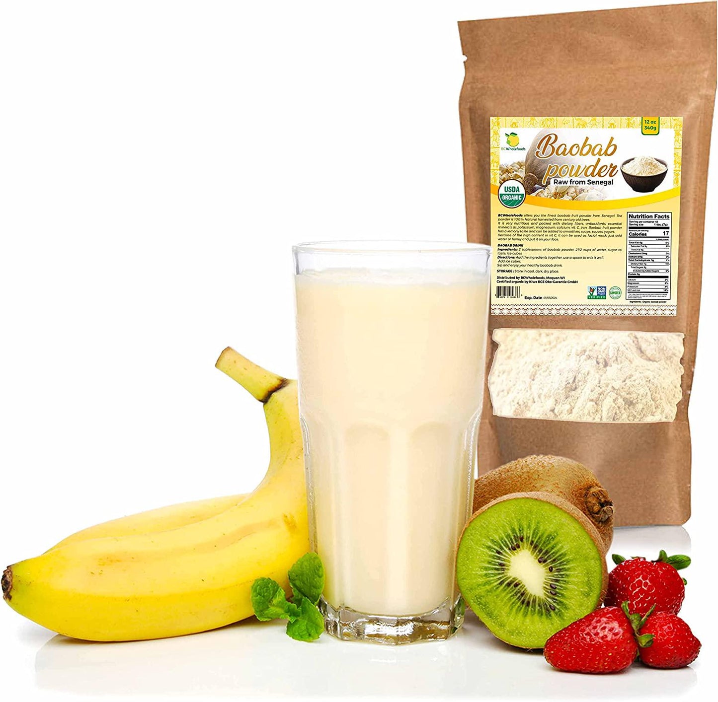 BCWholeFoods Baobab Fruit Powder 12 oz - USDA Approved ORGANIC, KOSHER, Natural Baobab Powder for Tea, Smoothies, Face Mask | Rich in Prebiotic Fiber, Vitamin C, Calcium | Grocery and Gourmet Foods