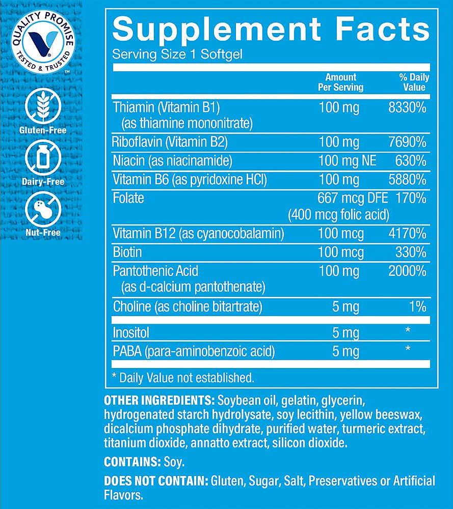 BComplex 100 Supports Energy Production, Nervous System Function Nutrient Metabolism Excellent Source of B1, B2, B6, B12, Niacin, Folic Acid Biotin (300 Softgels) by The Vitamin Shoppe