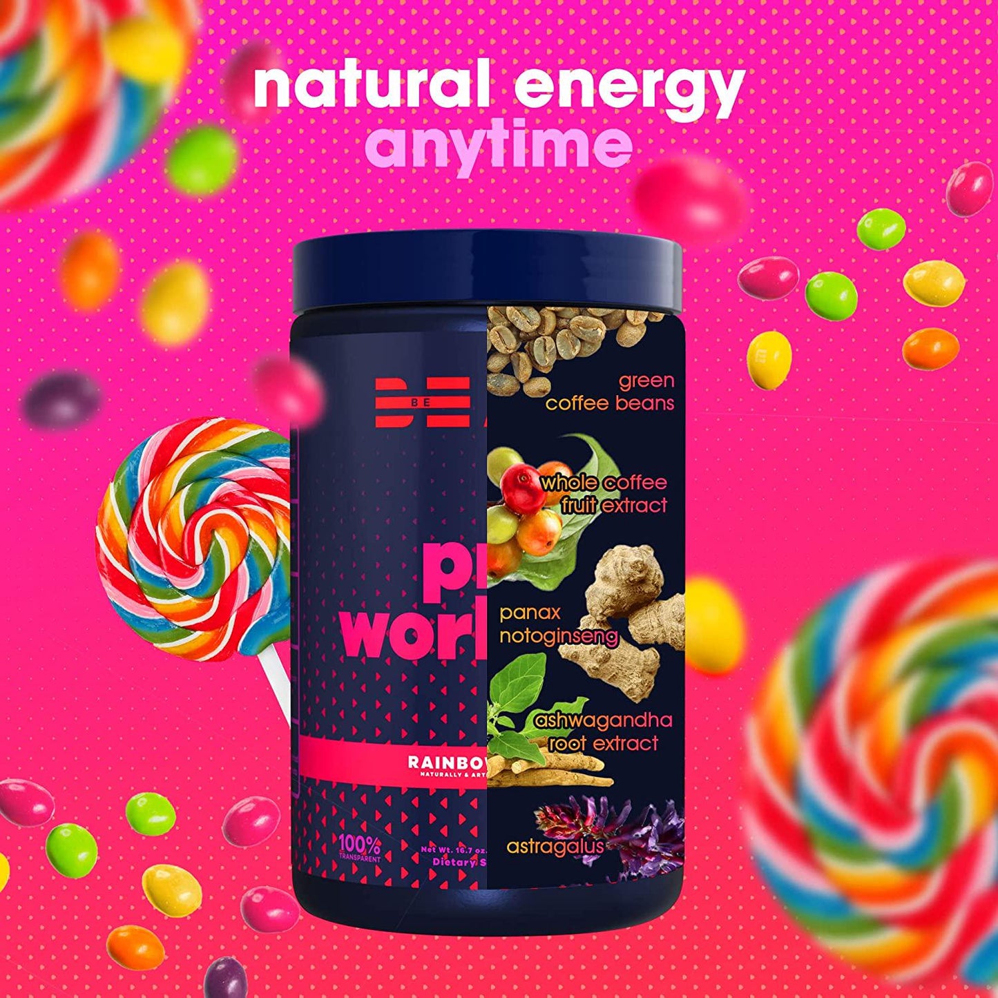 BEAM Be Amazing - Vegan Pre-Workout Powder, All-Natural Caffeine, Gluten-Free Energy Booster Powdered Drink with Adaptogens, No Crash, No Jitters, Watermelon Candy, 40 Scoops